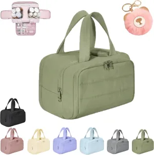 Decisive Makeup Bag, Elouva Toiletry Bag, Large Capacity Wide-Open Travel Cosmetic Bag, Lightweight Waterproof Puffer Storage Bag, Dry-and-Wet Separation with 4 Compartments for Easy Access (Green)