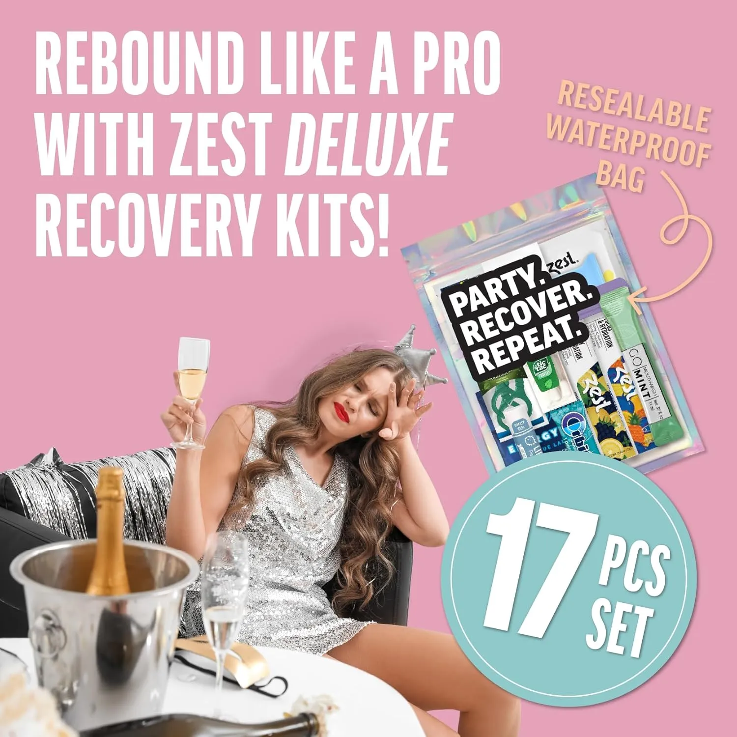 Deluxe XL Hangover Kit - 17 Piece Pre-Filled Gift Bag - Premium Supplies Set - Wedding, Birthday, or Bachelorette Party Favors - Zest Hydration Packets, Gum, & More
