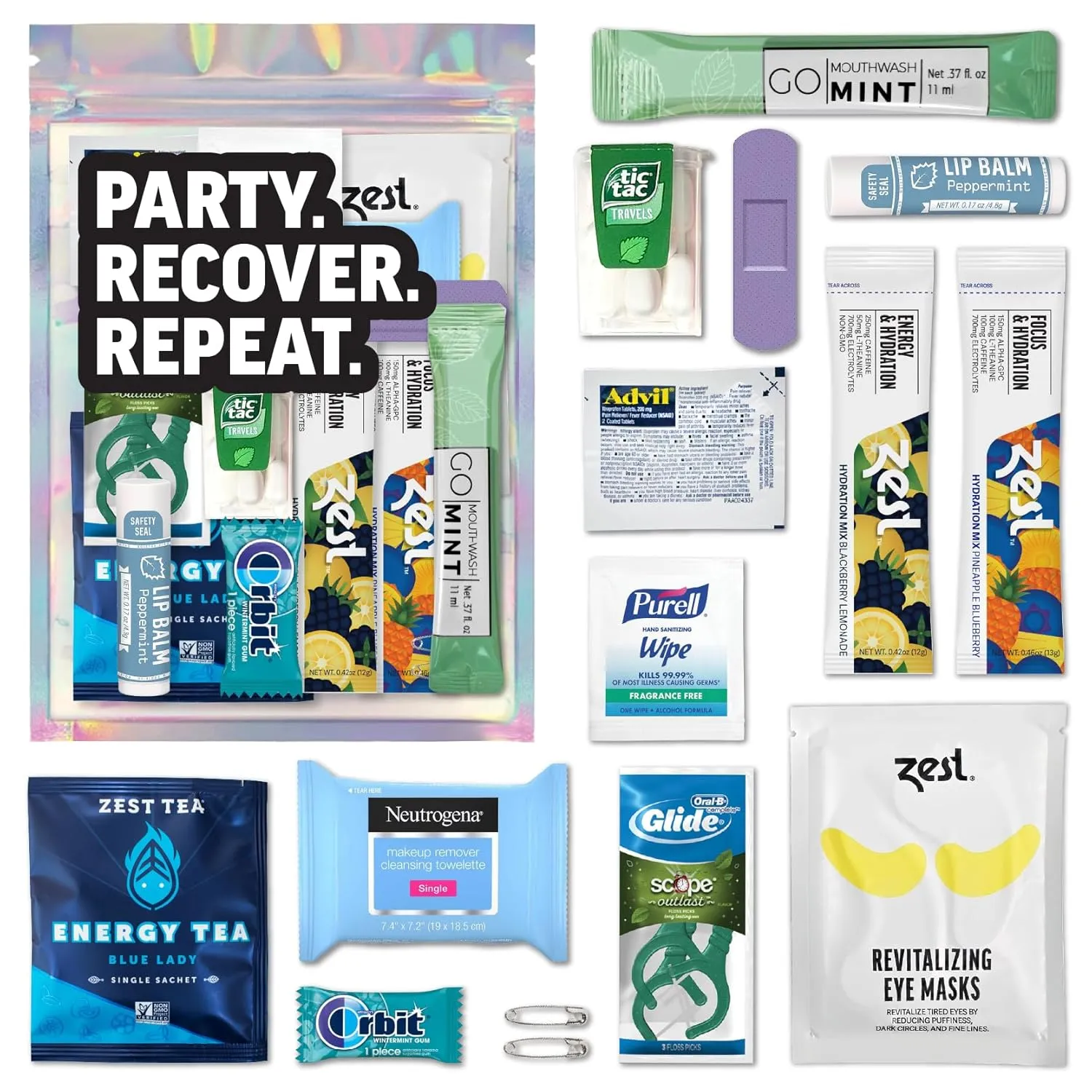 Deluxe XL Hangover Kit - 17 Piece Pre-Filled Gift Bag - Premium Supplies Set - Wedding, Birthday, or Bachelorette Party Favors - Zest Hydration Packets, Gum, & More