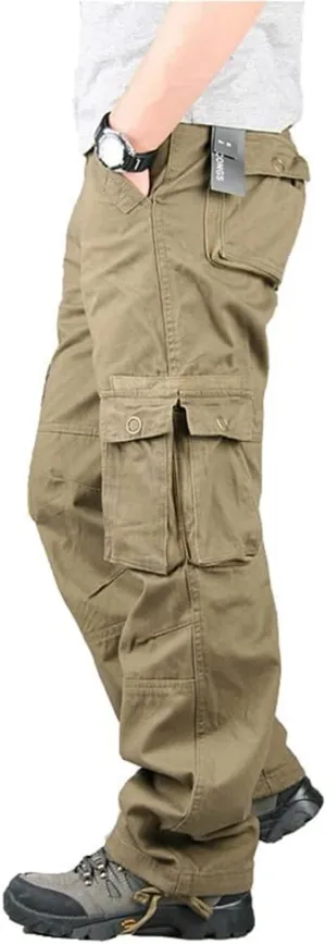 Depslee Men's Cotton Multi Pockets Ripstop Cargo Pants Loose Fit Outdoor Hiking Straight Leg Jogging Tactical Trousers