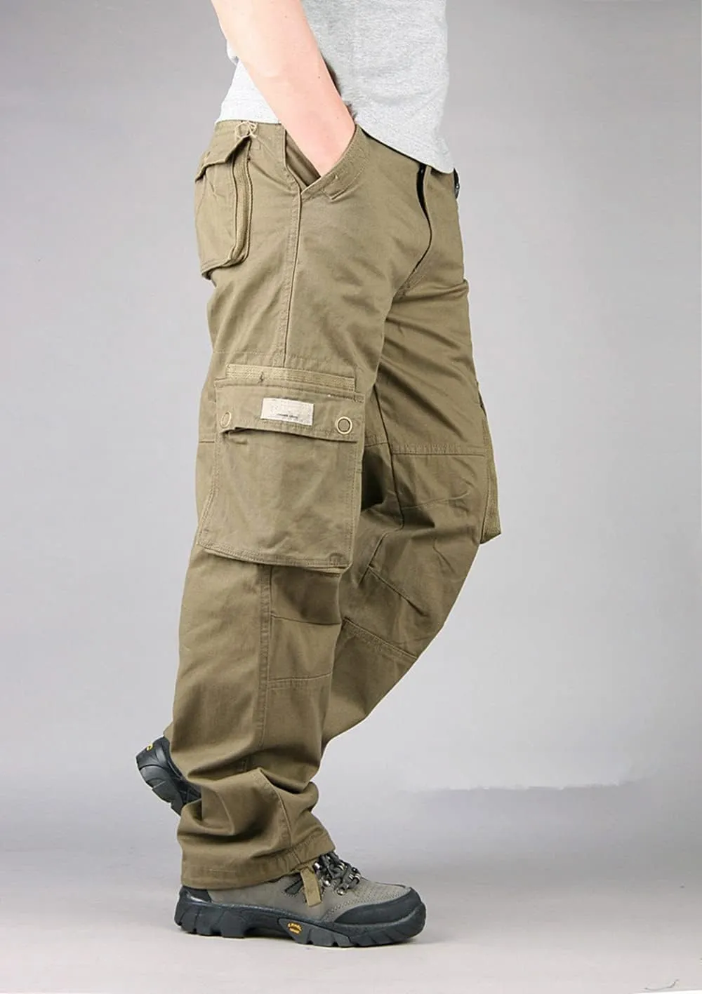 Depslee Men's Cotton Multi Pockets Ripstop Cargo Pants Loose Fit Outdoor Hiking Straight Leg Jogging Tactical Trousers