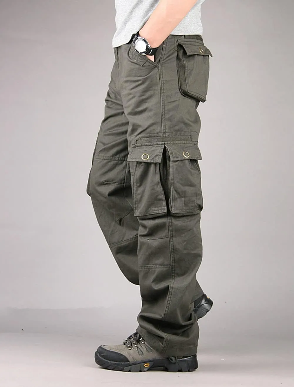 Depslee Men's Cotton Multi Pockets Ripstop Cargo Pants Loose Fit Outdoor Hiking Straight Leg Jogging Tactical Trousers
