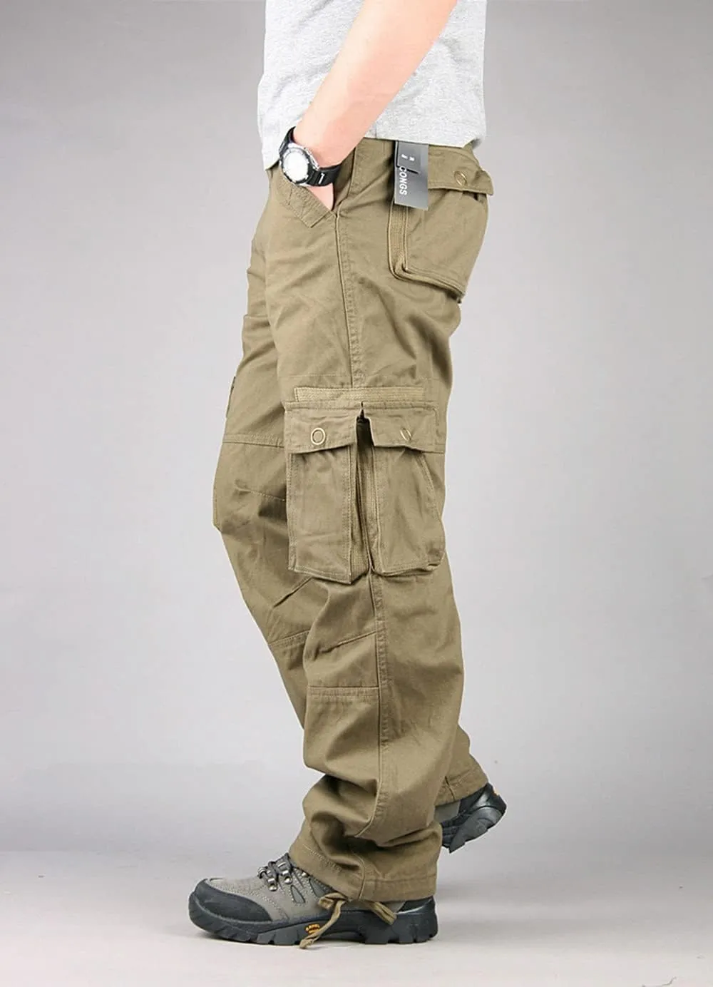 Depslee Men's Cotton Multi Pockets Ripstop Cargo Pants Loose Fit Outdoor Hiking Straight Leg Jogging Tactical Trousers