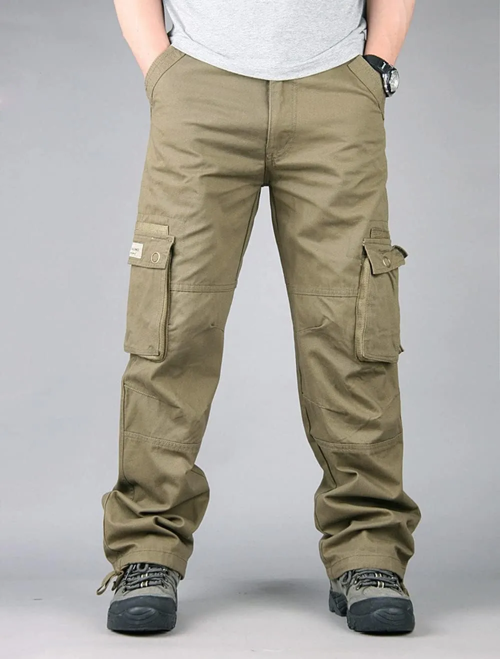 Depslee Men's Cotton Multi Pockets Ripstop Cargo Pants Loose Fit Outdoor Hiking Straight Leg Jogging Tactical Trousers
