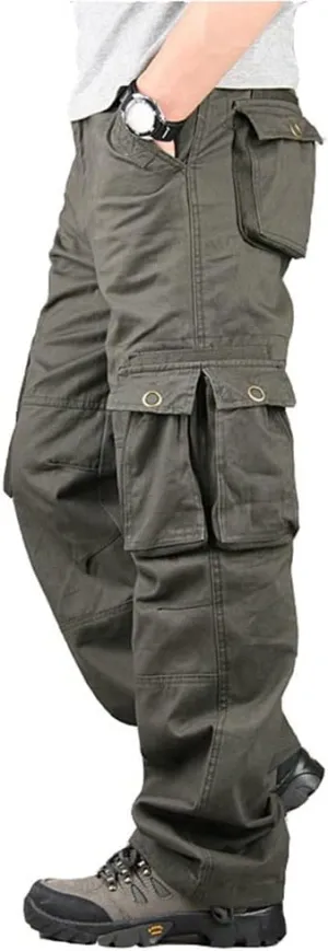 Depslee Men's Cotton Multi Pockets Ripstop Cargo Pants Loose Fit Outdoor Hiking Straight Leg Jogging Tactical Trousers