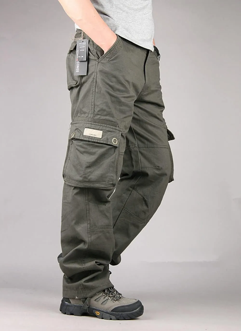Depslee Men's Cotton Multi Pockets Ripstop Cargo Pants Loose Fit Outdoor Hiking Straight Leg Jogging Tactical Trousers