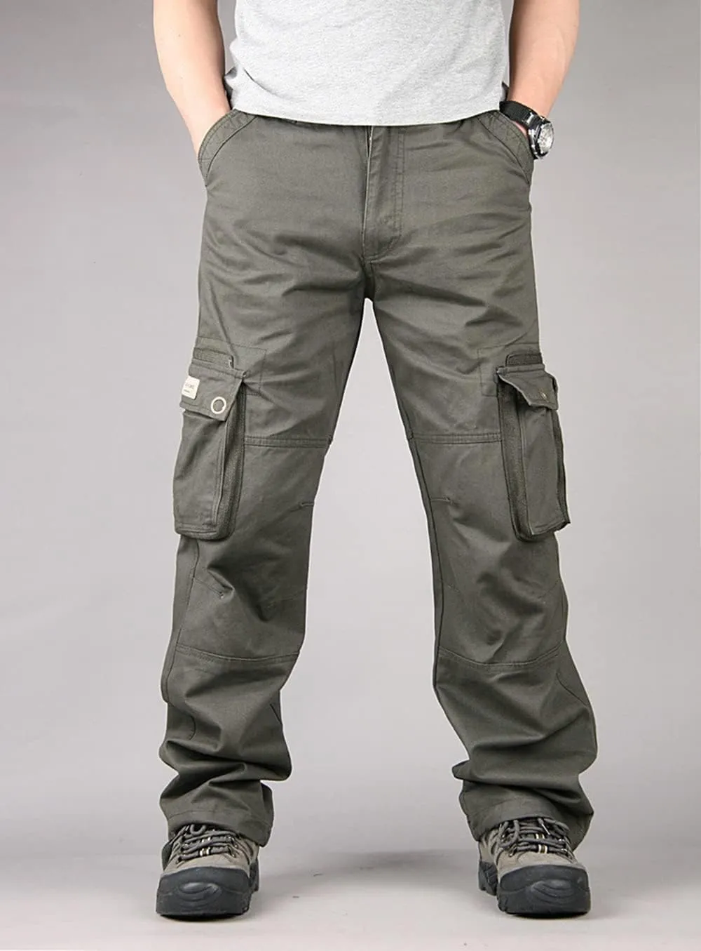 Depslee Men's Cotton Multi Pockets Ripstop Cargo Pants Loose Fit Outdoor Hiking Straight Leg Jogging Tactical Trousers