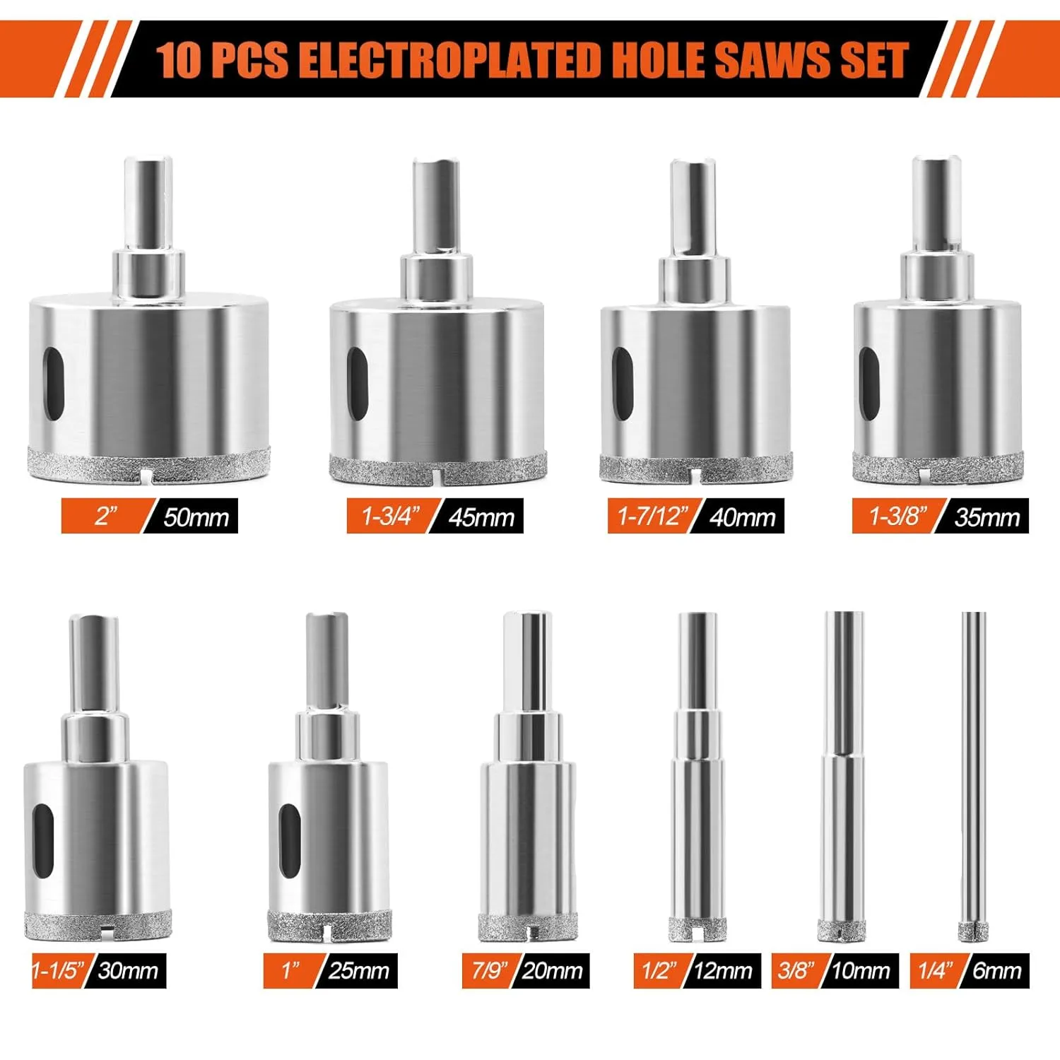 Diamond Hole Saw Kit,10 PCS Tile Hole Saw Kit Diamond Electroplated Drill Bits Sets with EVA Mould for Guide Jig Hollow Drill Hole Saw for Tiles,Ceramic,Glass,Gypsum,Marble,Granite,Silver