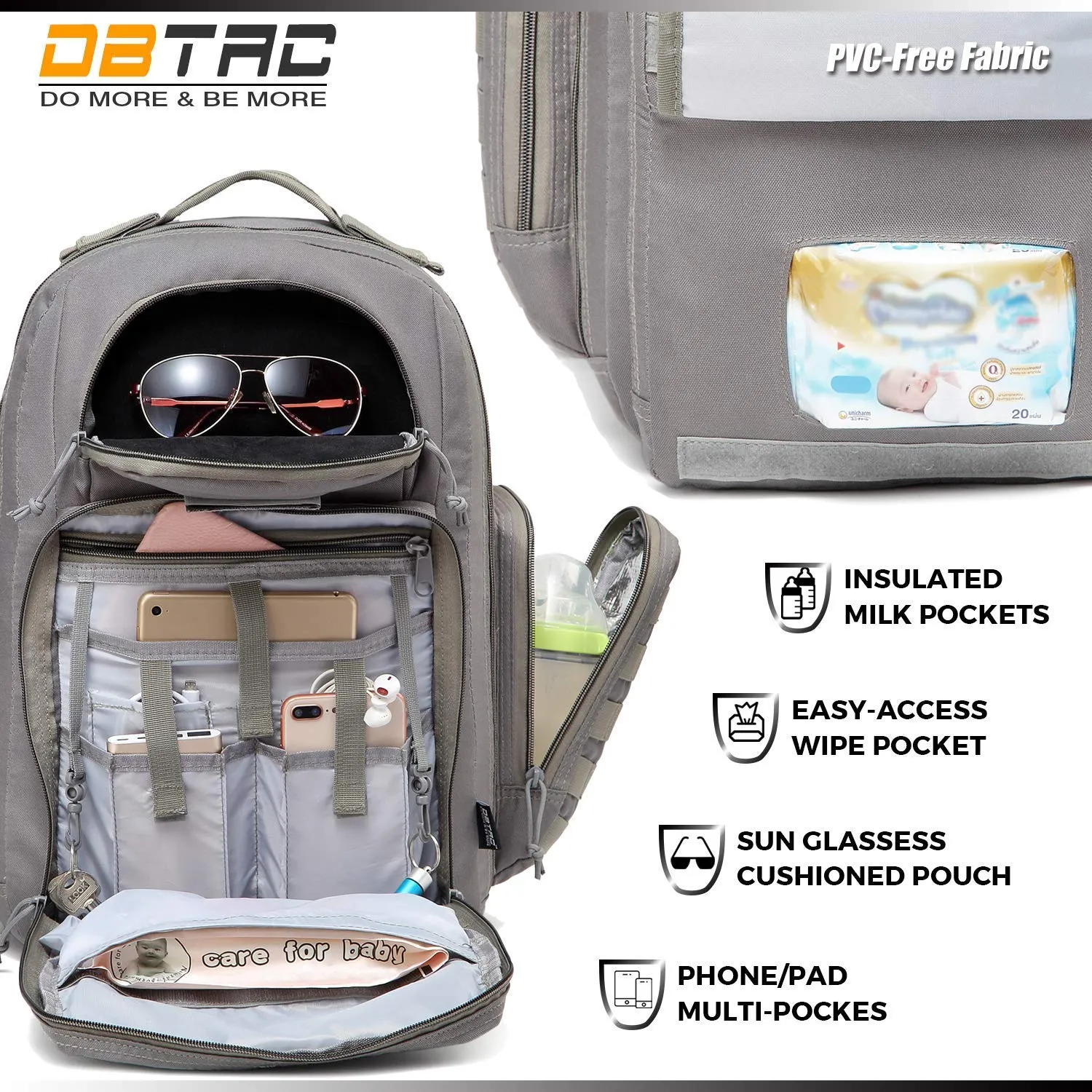 Diaper Bag Backpack for Dad, DBTAC Large Baby Nappy Bag for Men w/Changing Mat, Insulated Wipe Pockets, Stroller Straps, Grey