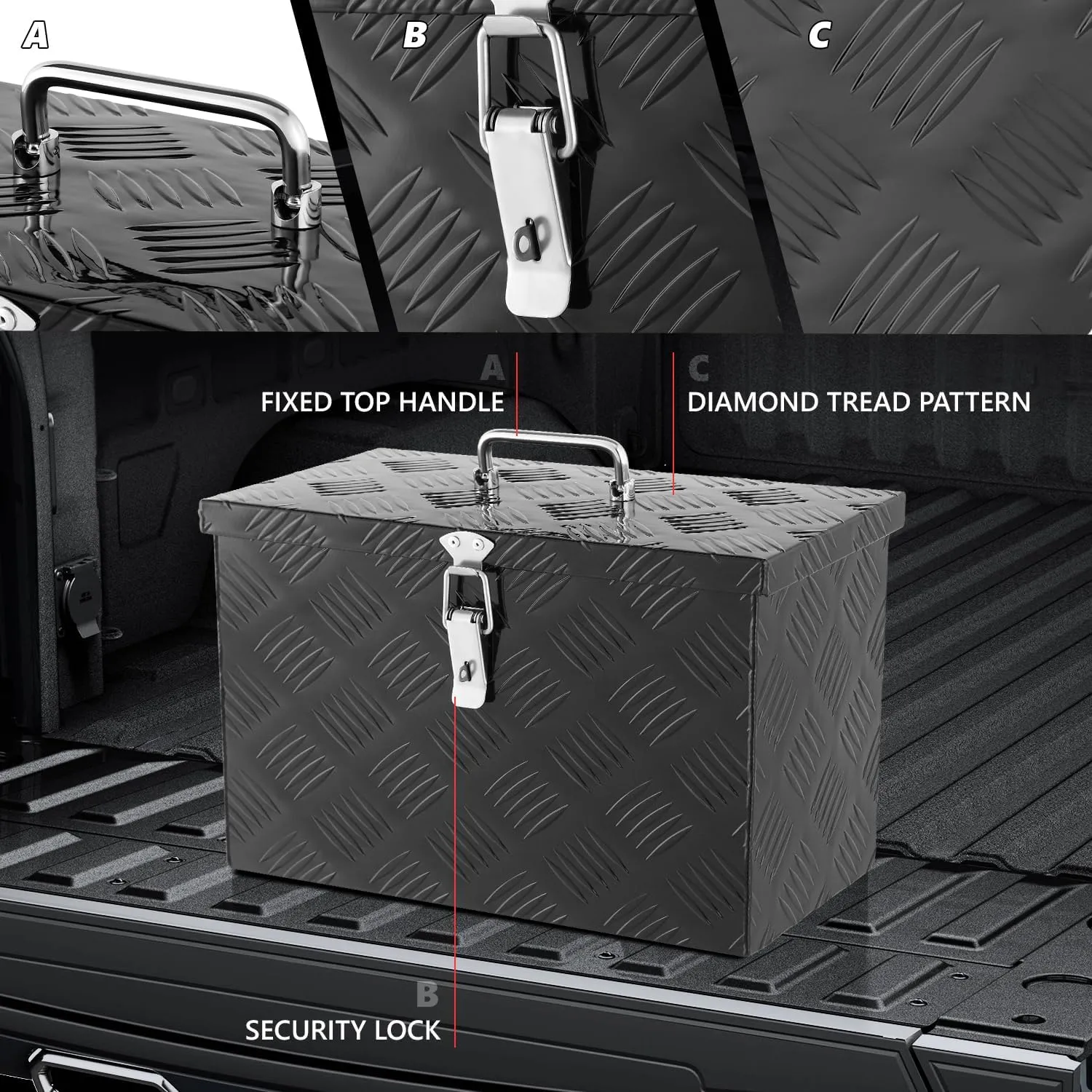 DNA MOTORING Truck Tool Box Lockable Storage Box, Truck Bed Tool Box Truck Bed Organizer Aluminum Truck Tool Boxes for Bed of Truck, w/Lock & Keys, 16" L X 7.5" W X 10" H Black, TBOX-T5-007-BK