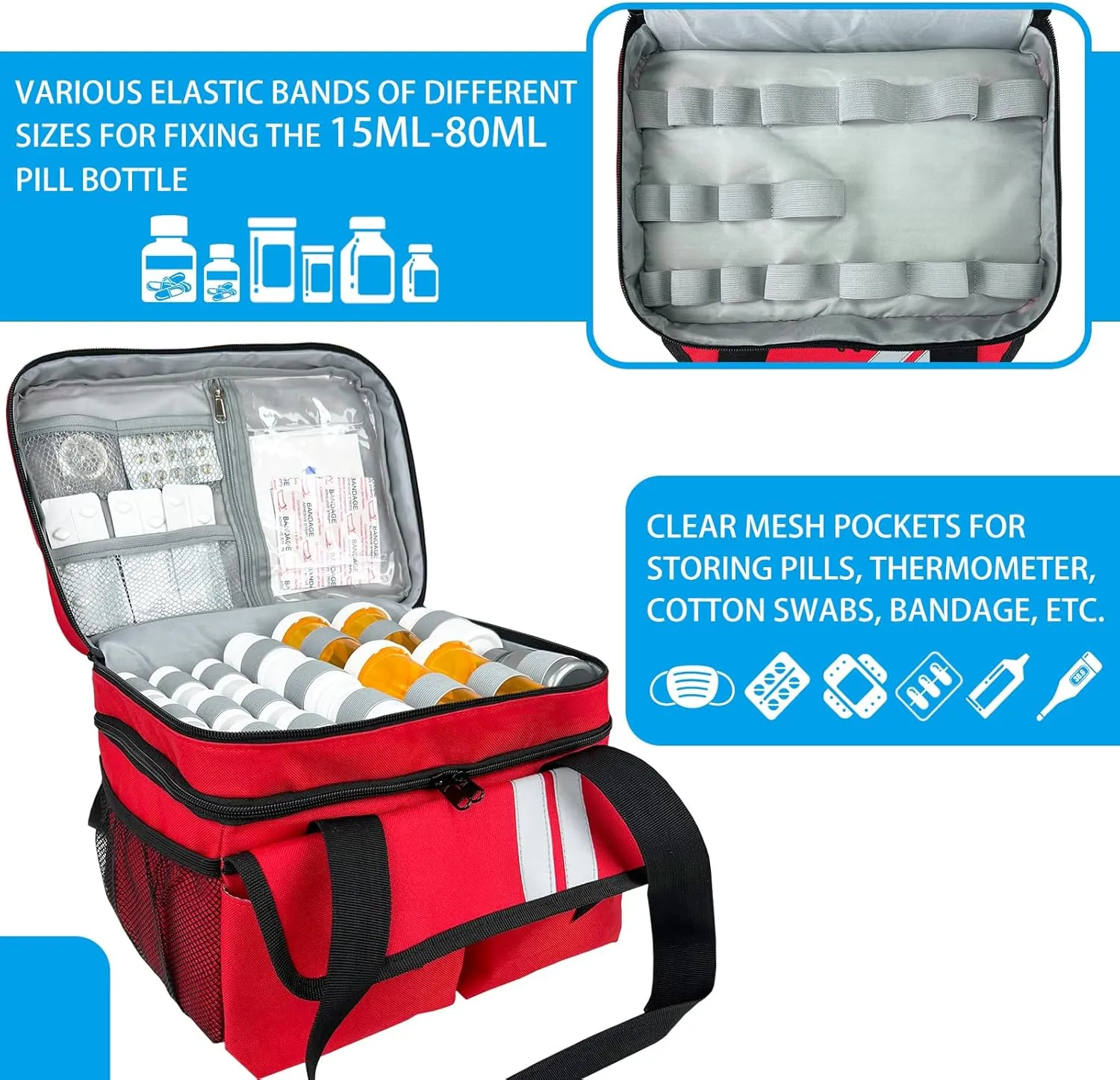 Double Layers Medicine Organizer Storage Bag with Dividers, First Aid Bag with Medic First Aid Badge, Medical Bag for Medical Supplies & Equipment