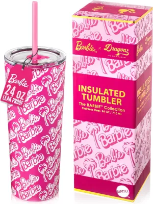 Dragon Glassware x Barbie 24 oz Insulated Stainless Steel Tumbler with Lid and 2 Straws - Travel Coffee Tumbler Cup to Keep Drinks Hot or Cold, Fits Cup Holders - Palm Trees
