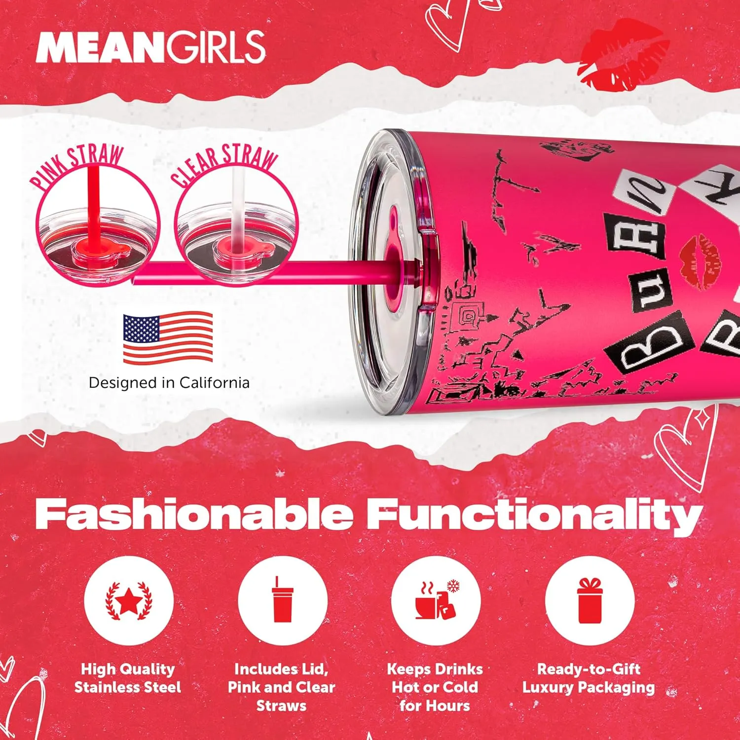 Dragon Glassware x Mean Girls Vacuum Insulated Tumbler with Lid and Straw - 24 oz Tumbler Cup with 2 Straws - Stainless Steel Tumbler with Straw for Water, Iced Tea - Travel Coffee Tumbler - Burn Book