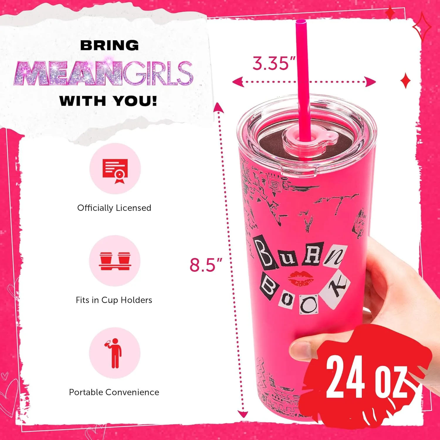 Dragon Glassware x Mean Girls Vacuum Insulated Tumbler with Lid and Straw - 24 oz Tumbler Cup with 2 Straws - Stainless Steel Tumbler with Straw for Water, Iced Tea - Travel Coffee Tumbler - Burn Book