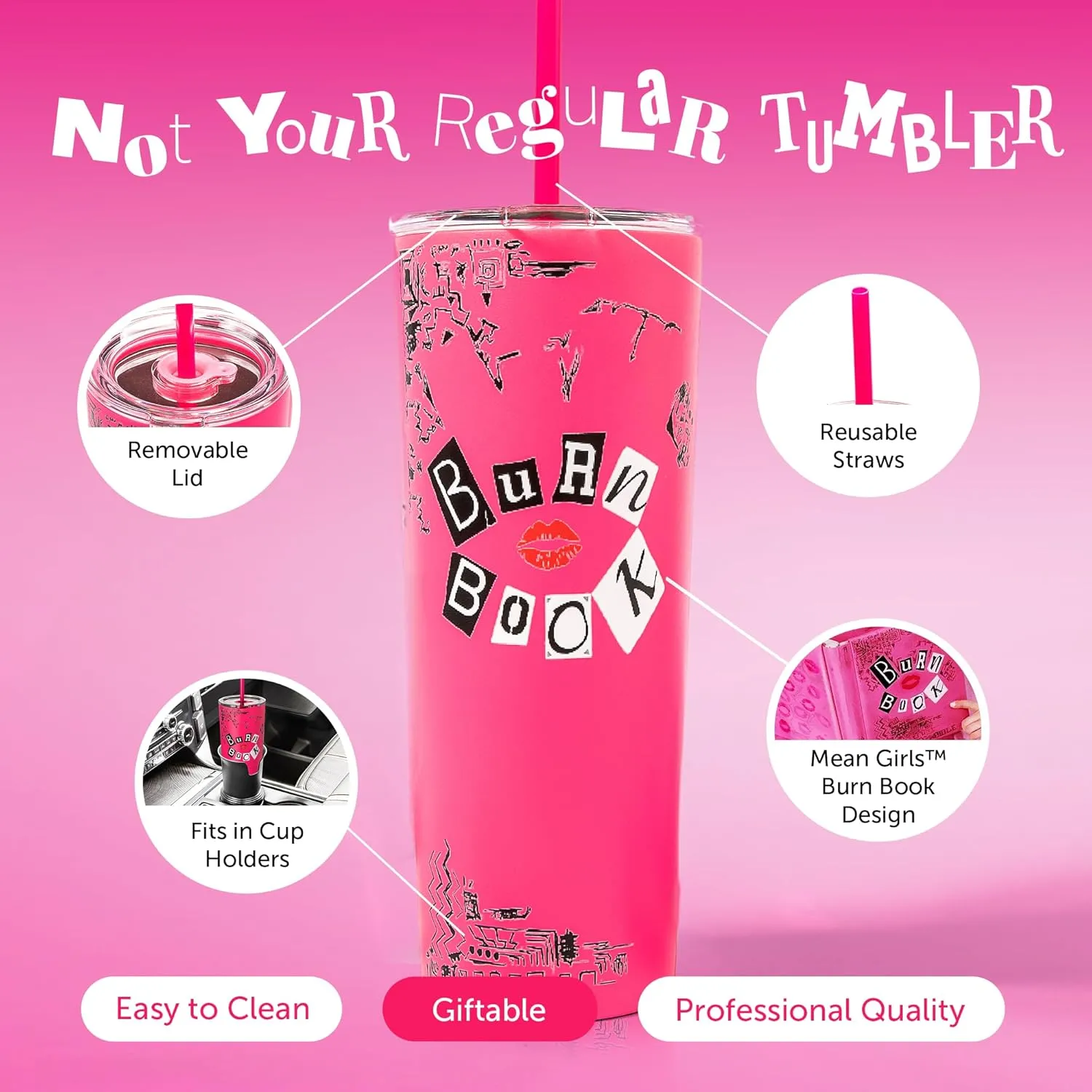 Dragon Glassware x Mean Girls Vacuum Insulated Tumbler with Lid and Straw - 24 oz Tumbler Cup with 2 Straws - Stainless Steel Tumbler with Straw for Water, Iced Tea - Travel Coffee Tumbler - Burn Book
