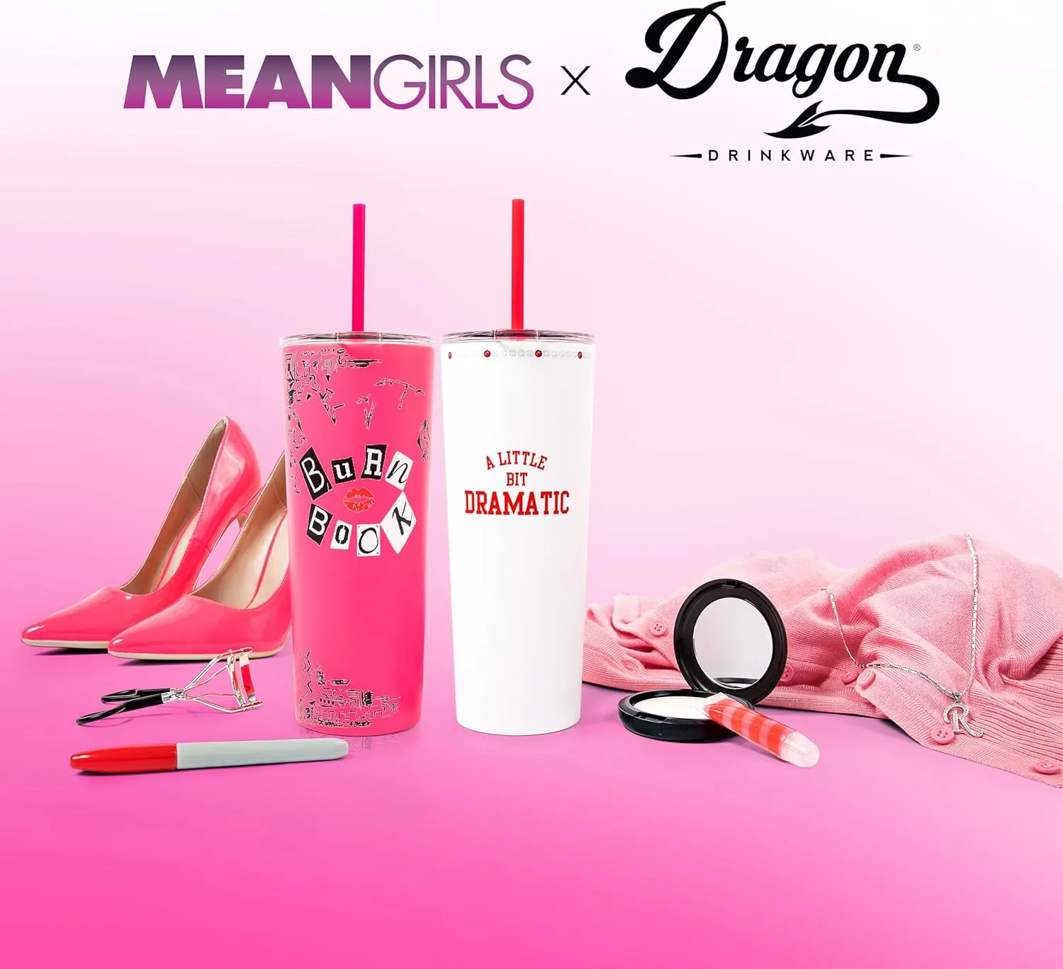 Dragon Glassware x Mean Girls Vacuum Insulated Tumbler with Lid and Straw - 24 oz Tumbler Cup with 2 Straws - Stainless Steel Tumbler with Straw for Water, Iced Tea - Travel Coffee Tumbler - Burn Book