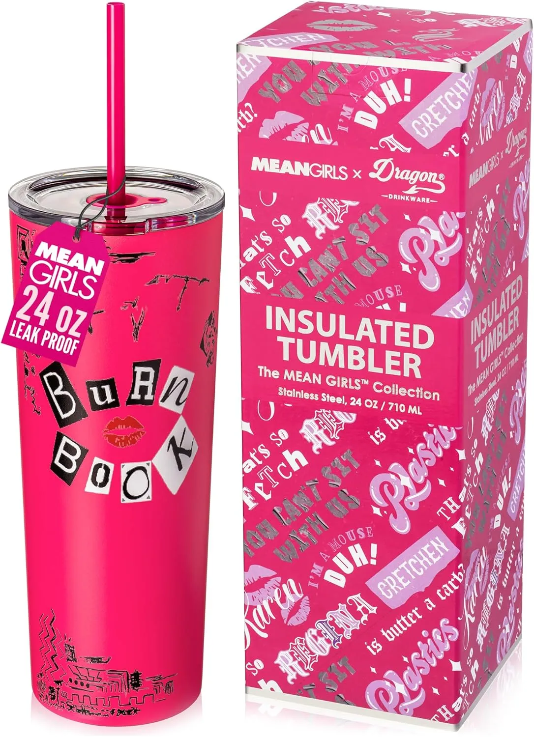 Dragon Glassware x Mean Girls Vacuum Insulated Tumbler with Lid and Straw - 24 oz Tumbler Cup with 2 Straws - Stainless Steel Tumbler with Straw for Water, Iced Tea - Travel Coffee Tumbler - Burn Book