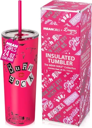 Dragon Glassware x Mean Girls Vacuum Insulated Tumbler with Lid and Straw - 24 oz Tumbler Cup with 2 Straws - Stainless Steel Tumbler with Straw for Water, Iced Tea - Travel Coffee Tumbler - Burn Book