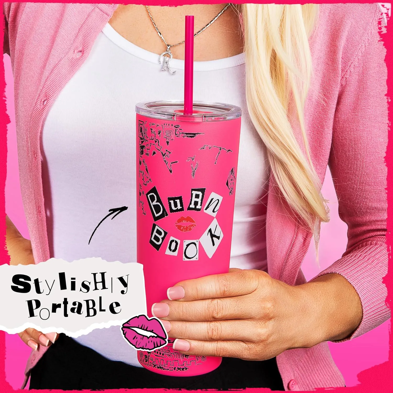 Dragon Glassware x Mean Girls Vacuum Insulated Tumbler with Lid and Straw - 24 oz Tumbler Cup with 2 Straws - Stainless Steel Tumbler with Straw for Water, Iced Tea - Travel Coffee Tumbler - Burn Book