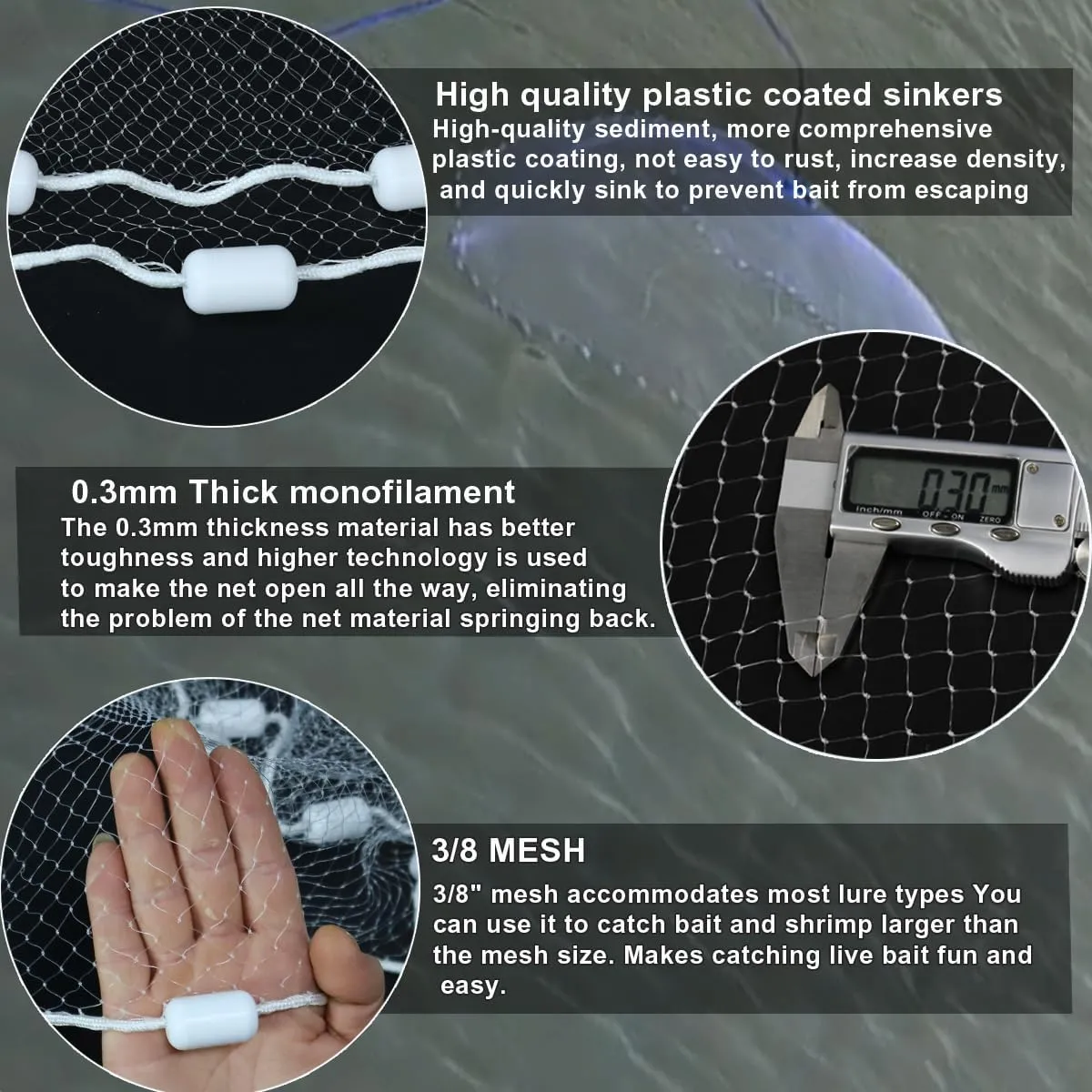 Drasry Saltwater Fishing Cast Net 3/8 and 1/4 Mesh with Heavy Duty Gray Sinker American Monofilament Fish Throw Net for Bait Trap 3FT 4FT 5FT 6FT 7FT 8FT 9FT Radius