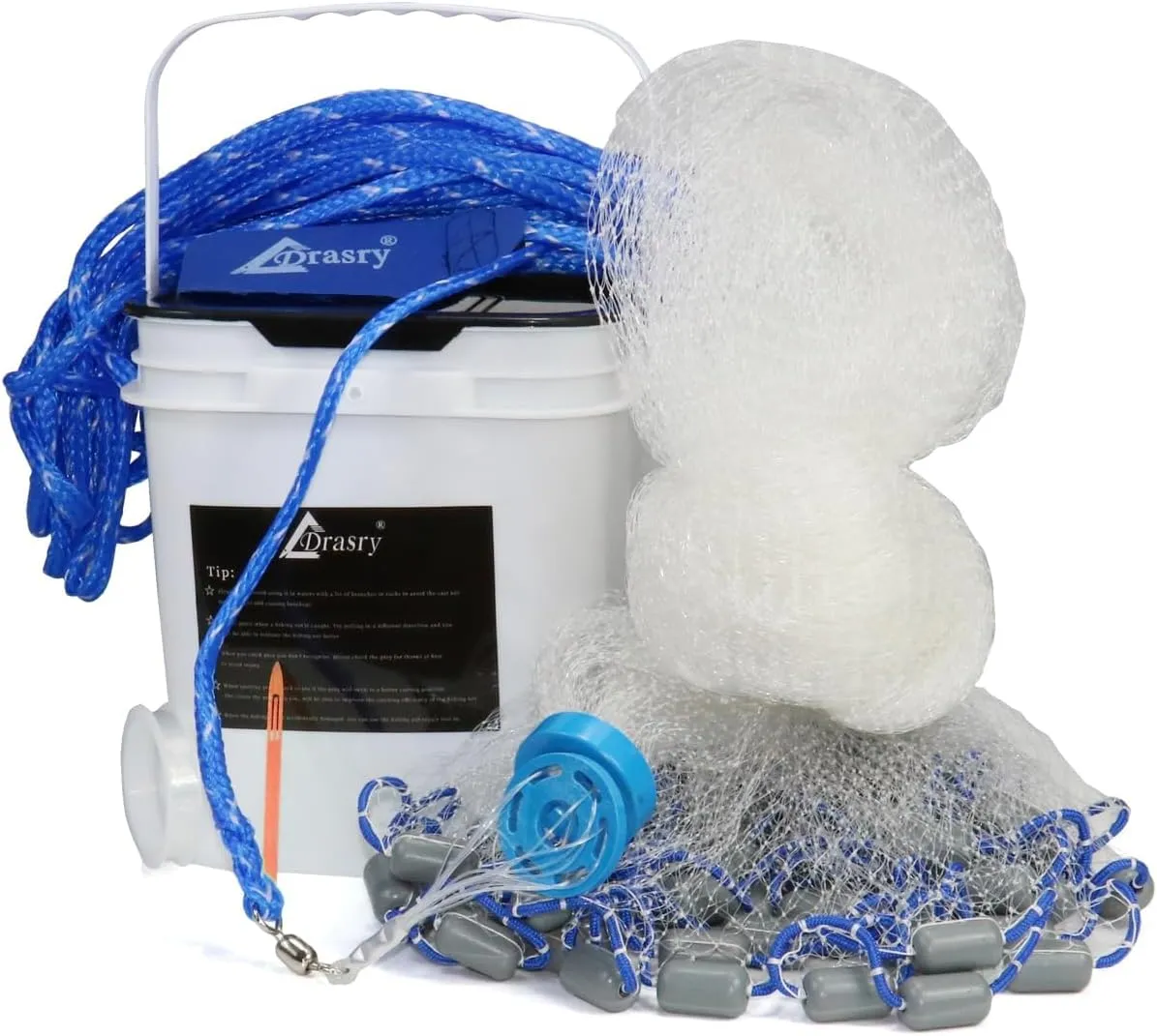 Drasry Saltwater Fishing Cast Net 3/8 and 1/4 Mesh with Heavy Duty Gray Sinker American Monofilament Fish Throw Net for Bait Trap 3FT 4FT 5FT 6FT 7FT 8FT 9FT Radius