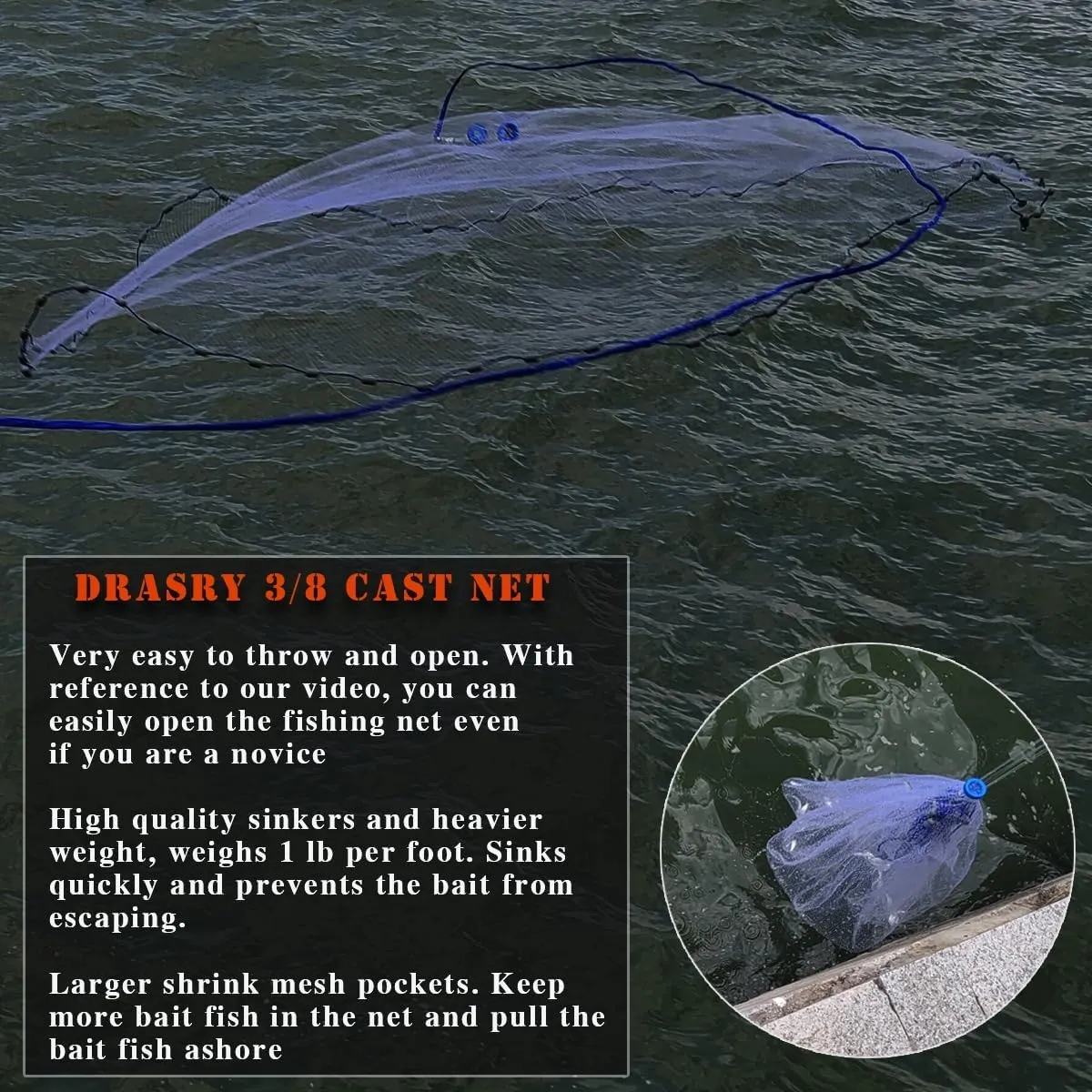 Drasry Saltwater Fishing Cast Net 3/8 and 1/4 Mesh with Heavy Duty Gray Sinker American Monofilament Fish Throw Net for Bait Trap 3FT 4FT 5FT 6FT 7FT 8FT 9FT Radius