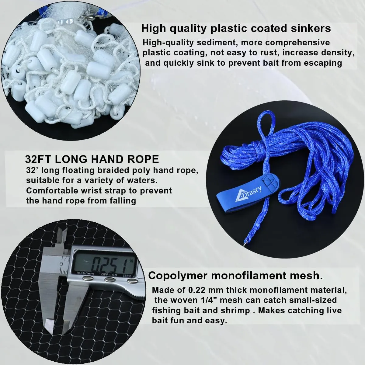 Drasry Saltwater Fishing Cast Net 3/8 and 1/4 Mesh with Heavy Duty Gray Sinker American Monofilament Fish Throw Net for Bait Trap 3FT 4FT 5FT 6FT 7FT 8FT 9FT Radius