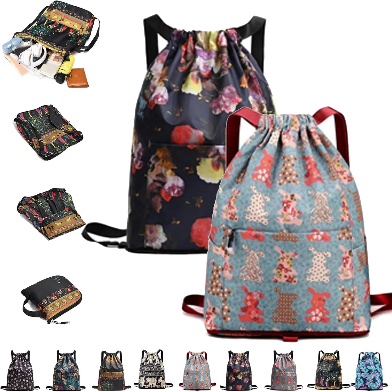 Drawstring Foldable Large Capacity Dry-wet Separation Travel Sports Backpack,Waterproof Lightweight Drawstring Gym Bag (2Pcs-a)