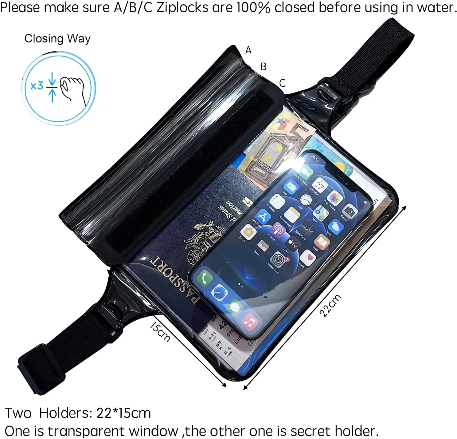 DRLOKPAK Waterproof Waist Bag & Pouch - Fanny Pack Bum Bag with Secret Holder Keeps Your Phone Kindle Wallet Watch & Valuables Dry - Perfect for Surf Canoe Swim Snorkel Dive Beach Pool(Black)