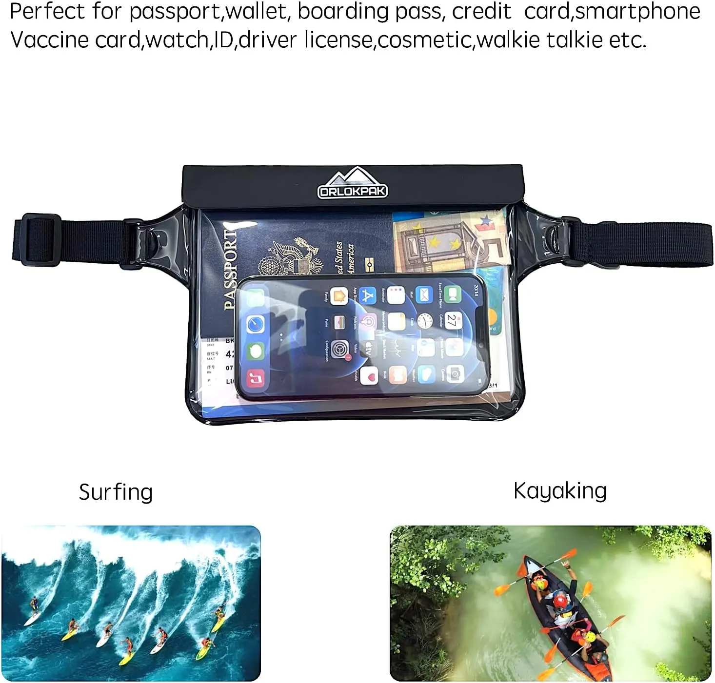 DRLOKPAK Waterproof Waist Bag & Pouch - Fanny Pack Bum Bag with Secret Holder Keeps Your Phone Kindle Wallet Watch & Valuables Dry - Perfect for Surf Canoe Swim Snorkel Dive Beach Pool(Black)