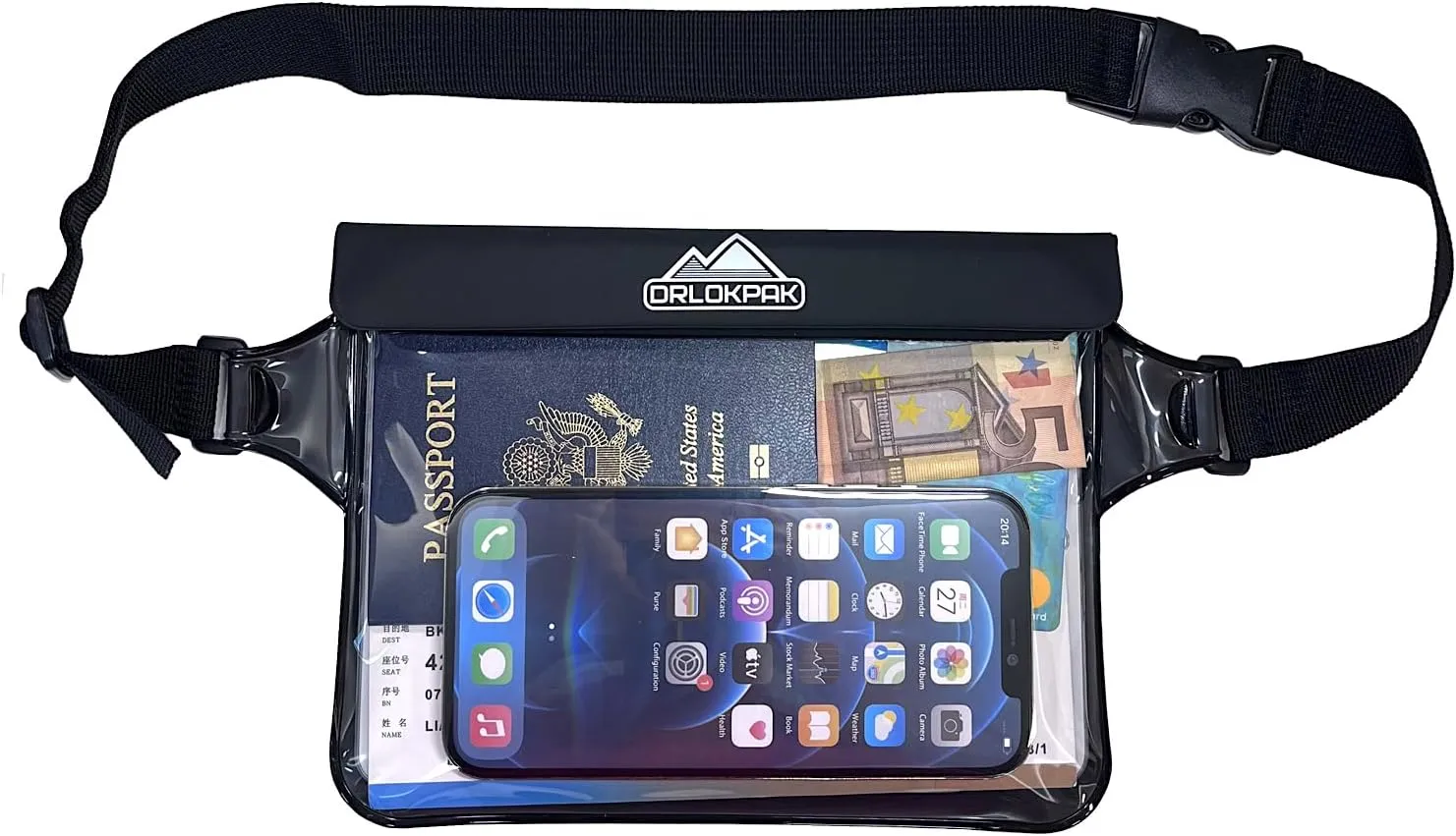 DRLOKPAK Waterproof Waist Bag & Pouch - Fanny Pack Bum Bag with Secret Holder Keeps Your Phone Kindle Wallet Watch & Valuables Dry - Perfect for Surf Canoe Swim Snorkel Dive Beach Pool(Black)