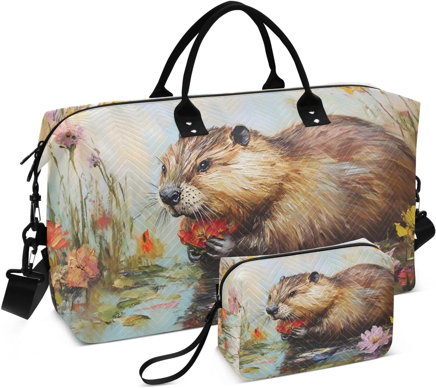Duffel Bag for Traveling, Beaver Colorful Flower Gym Bags with Multiple Interior Pockets for Women Men Toiletry Purse Included 20.5”x 1.9” x 13.8”