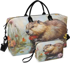 Duffel Bag for Traveling, Beaver Colorful Flower Gym Bags with Multiple Interior Pockets for Women Men Toiletry Purse Included 20.5”x 1.9” x 13.8”