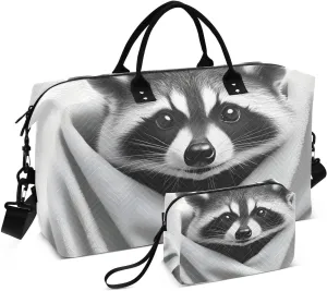 Duffel Bag for Traveling, Cute Raccoon Black White Travel Bag Gym Bag, with Multiple Interior Pockets Shoulder Weekender Bag for Women Men with Toiletry Bag 20.5L x 1.9W x 13.8H