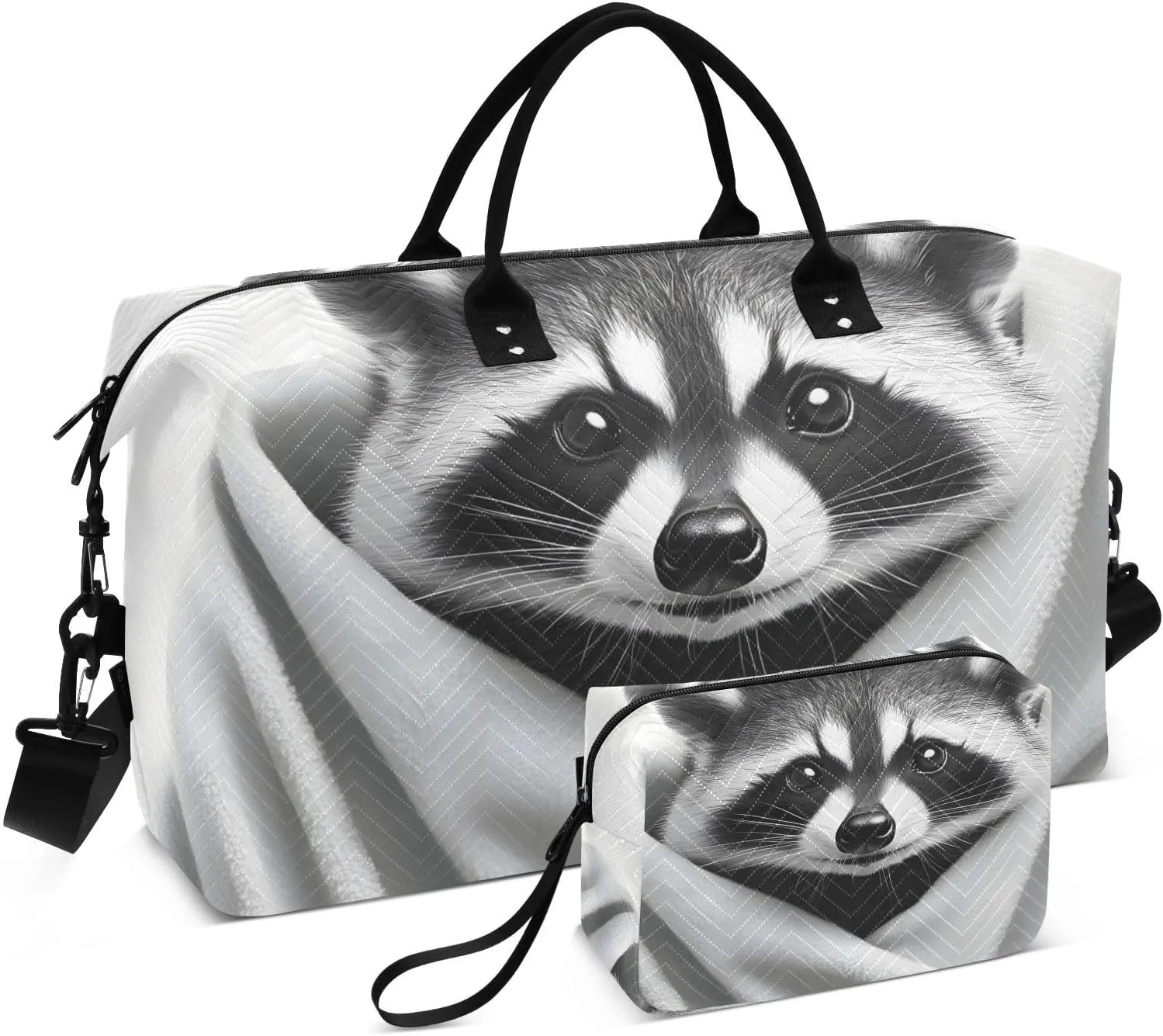 Duffel Bag for Traveling, Cute Raccoon Black White Travel Bag Gym Bag, with Multiple Interior Pockets Shoulder Weekender Bag for Women Men with Toiletry Bag 20.5L x 1.9W x 13.8H