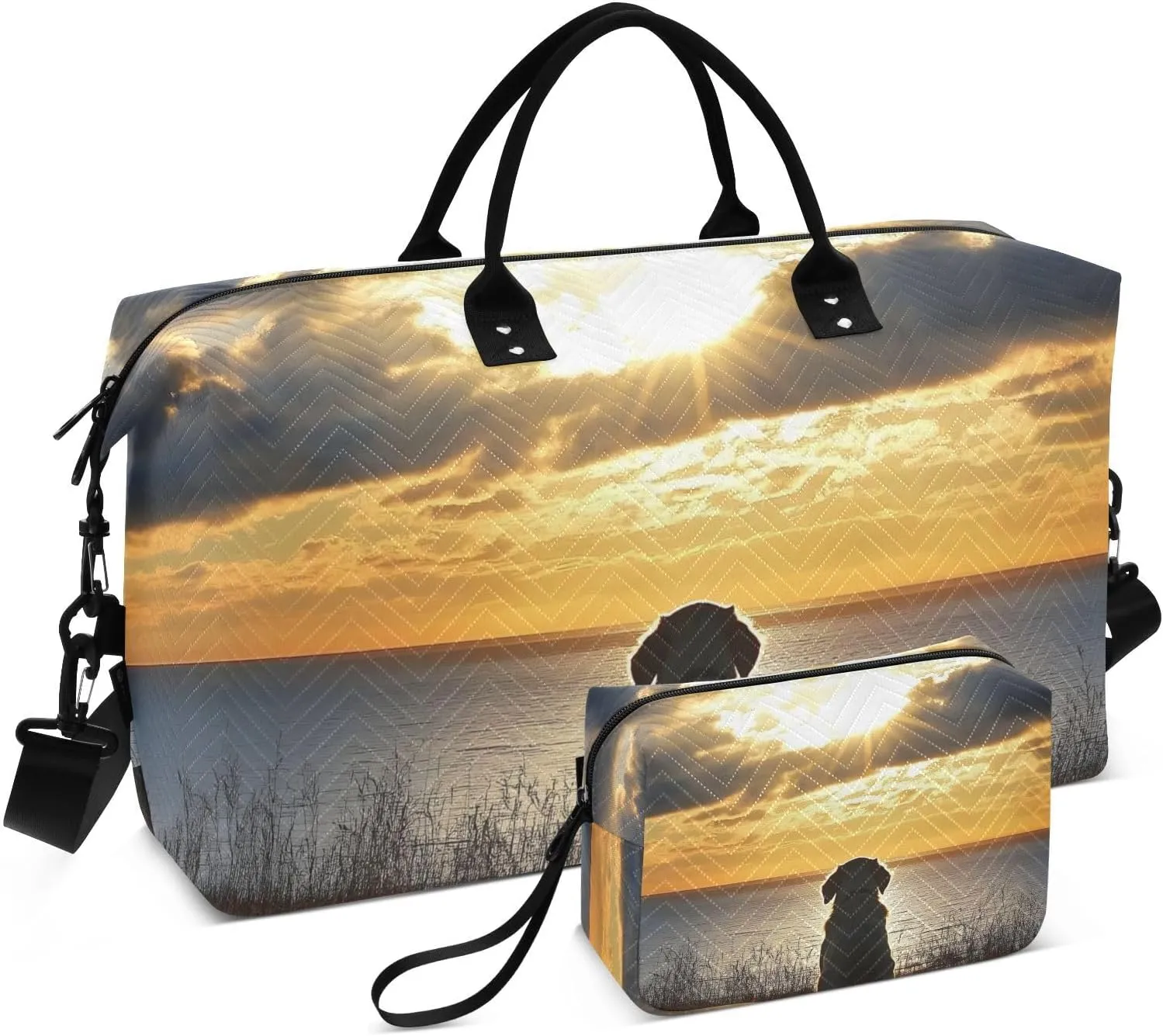 Duffel Bag for Traveling, Dog Sit Sunset Travel Bag Gym Bag, with Multiple Interior Pockets Shoulder Weekender Bag for Women Men with Toiletry Bag 20.5L x 1.9W x 13.8H