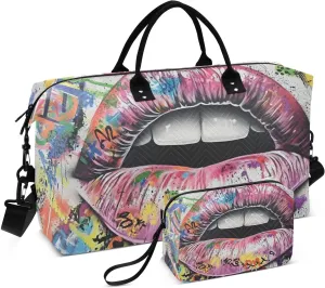 Duffel Bag for Traveling, Giraffiti Lip White Travel Bag Gym Bag, with Multiple Interior Pockets Shoulder Weekender Bag for Women Men with Toiletry Bag 20.5L x 1.9W x 13.8H