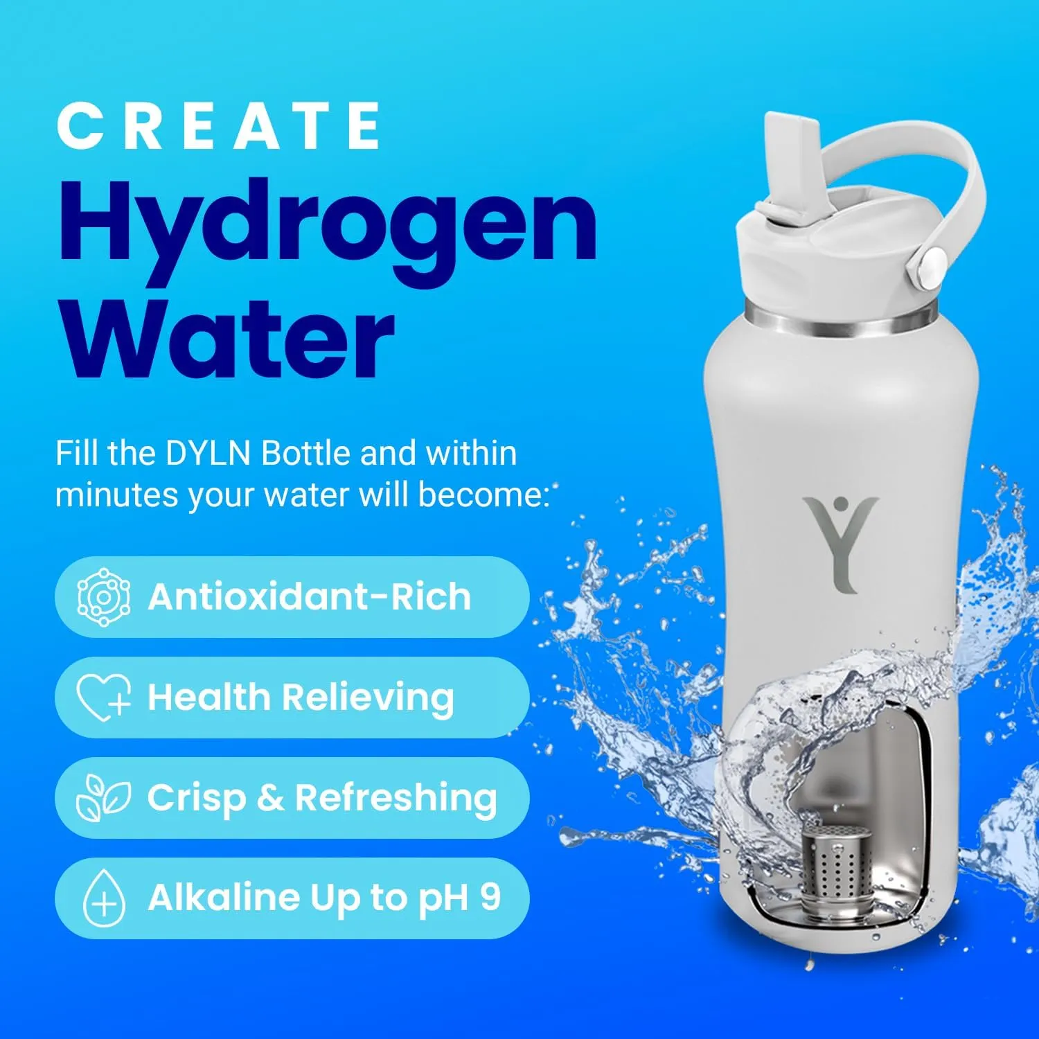 DYLN Hydrogen Water Bottle | Create Hydrating Alkaline Hydrogen-Rich Water Up to 9 pH | Vacuum Insulated Stainless Steel Water Bottle | Keeps Water Cold for 24 Hours