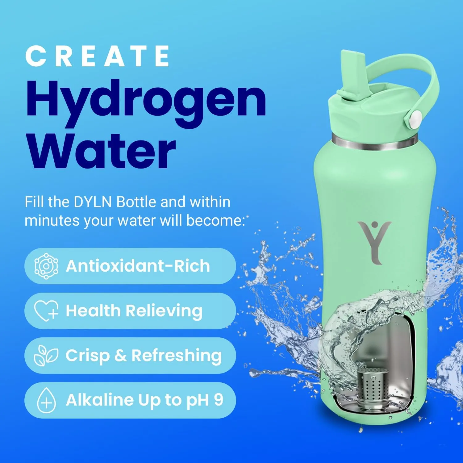 DYLN Hydrogen Water Bottle | Create Hydrating Alkaline Hydrogen-Rich Water Up to 9 pH | Vacuum Insulated Stainless Steel Water Bottle | Keeps Water Cold for 24 Hours