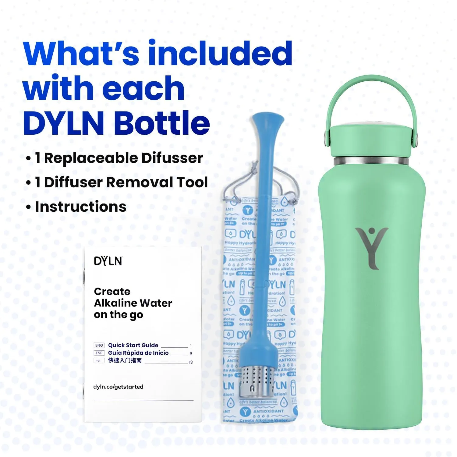 DYLN Hydrogen Water Bottle | Create Hydrating Alkaline Hydrogen-Rich Water Up to 9 pH | Vacuum Insulated Stainless Steel Water Bottle | Keeps Water Cold for 24 Hours