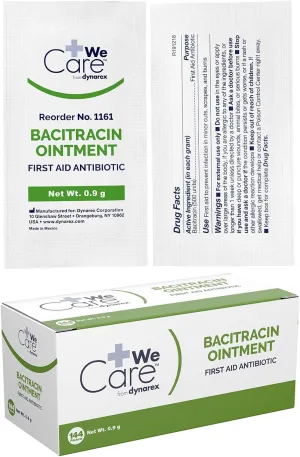 Dynarex Bacitracin Topical Ointment USP - First Response Wound Care Supplies for Minor Cuts, Scrapes & Burns - Helps Keep Wounds Clean - 1 Box of 144 - 0.9g Packets