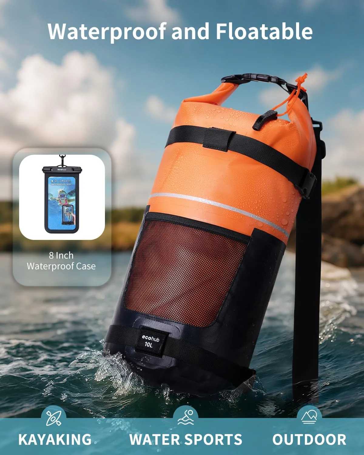 ECOHUB Waterproof Dry Bag for Women Men, 5L/10L/20L Roll Top Lightweight Dry Storage Bag Backpack for Travel Kayaking Hiking Floating with Waterproof Phone Case