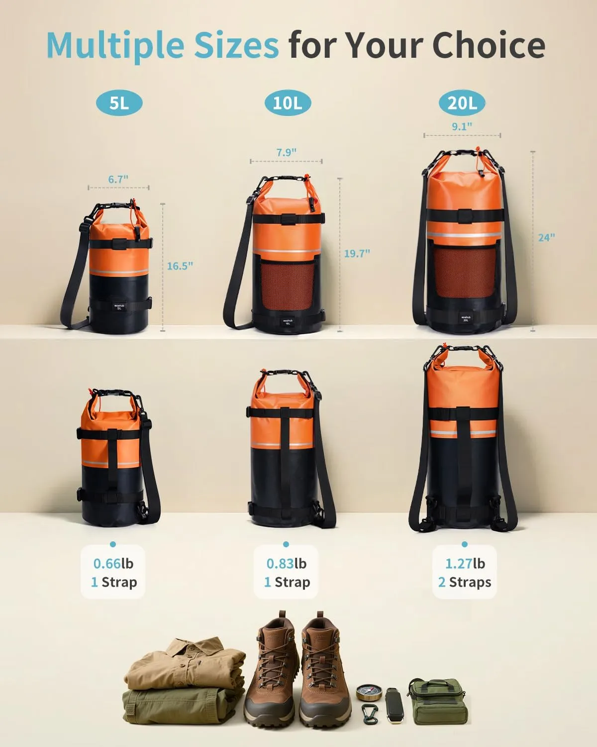 ECOHUB Waterproof Dry Bag for Women Men, 5L/10L/20L Roll Top Lightweight Dry Storage Bag Backpack for Travel Kayaking Hiking Floating with Waterproof Phone Case