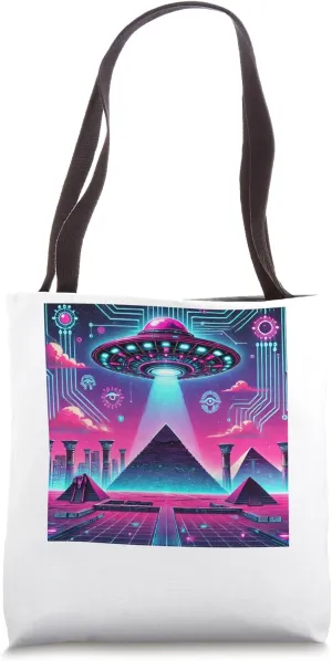 Egypt UFO Cyberpunk City With Neon Tech Symbols Tote Bag