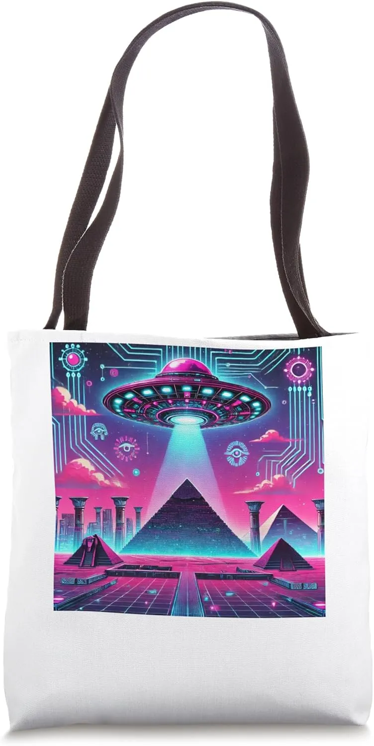 Egypt UFO Cyberpunk City With Neon Tech Symbols Tote Bag