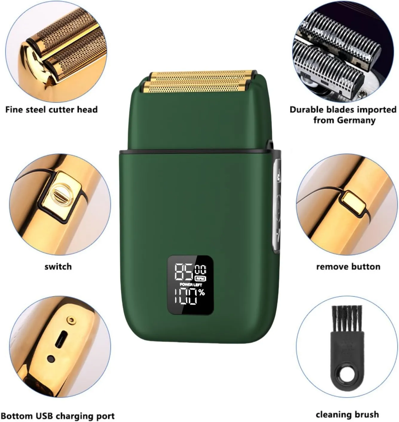 Electric Foil Shaver for Men, Portable Electric Razor with Double Floating Blade, 3 Speeds, USB Rechargeable, LED Display, Waterproof (Green)
