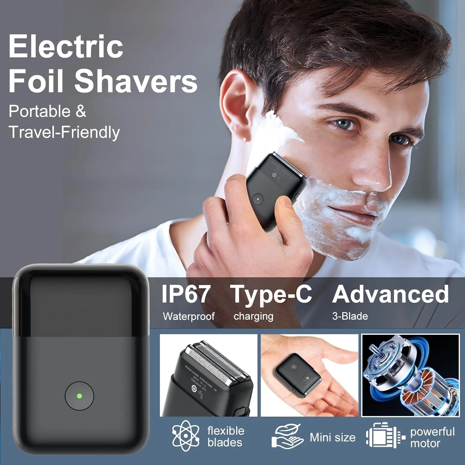 Electric Shavers for Men, Mini Travel Electric Razor, Foil Shaver for Men, Fast Rechargeable Dual Floating Blades IPX7 Waterproof Wet Dry Face Razor- Black