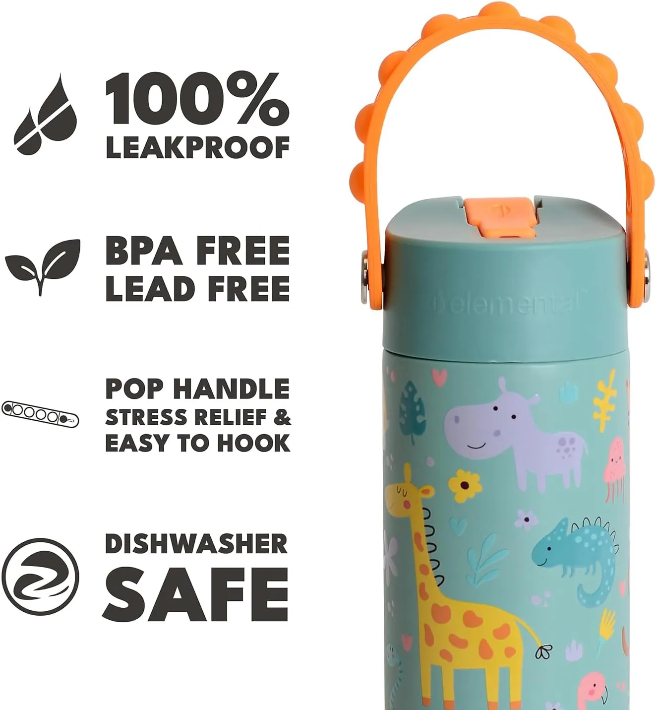 Elemental Insulated Kids Water Bottle, Stainless Steel Water Bottle with Straw Lid & Pop-It Handle, Leak-Proof Water Bottles for School, Boys or Girls, Travelling and Sports, 18oz - Safari