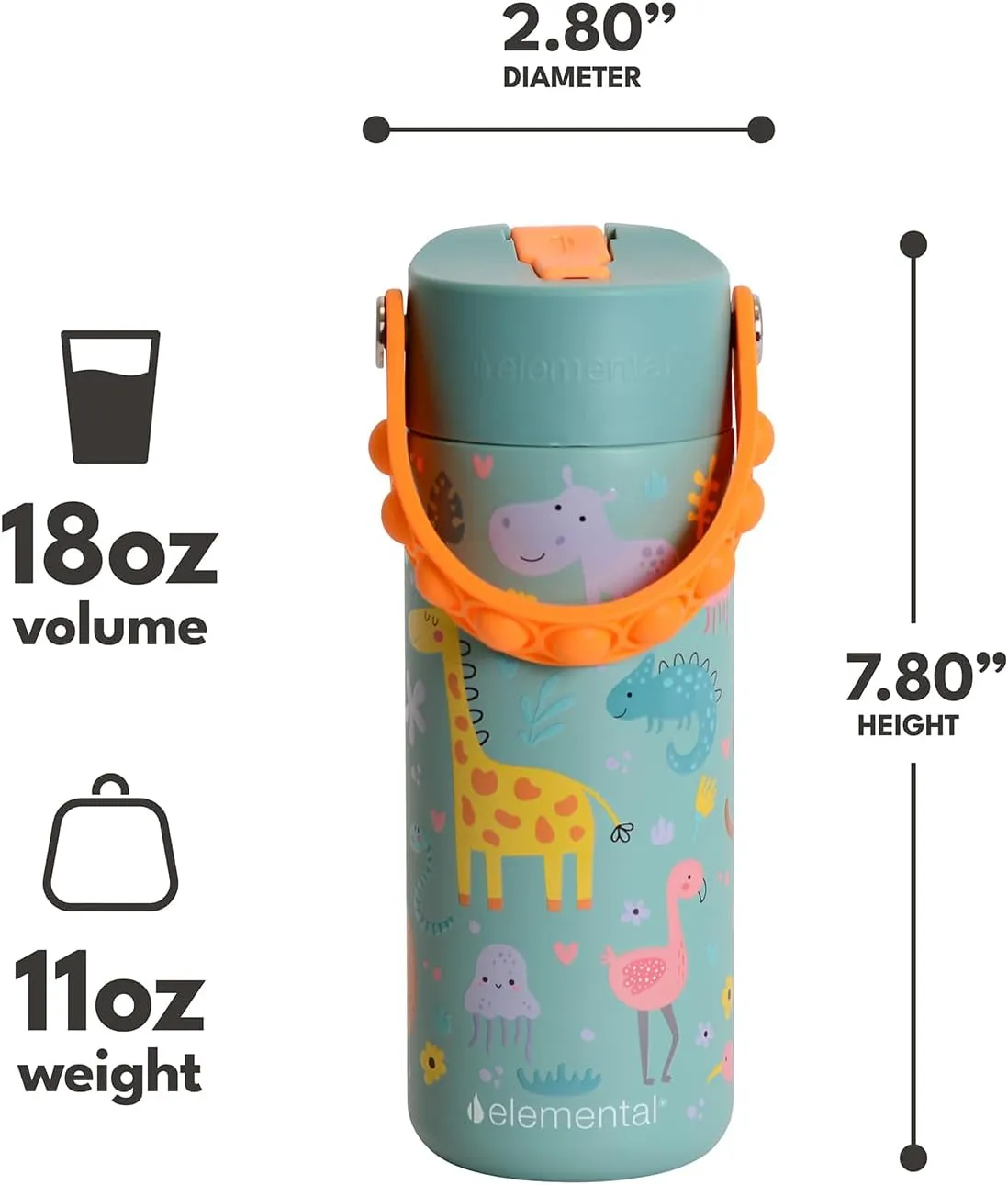 Elemental Insulated Kids Water Bottle, Stainless Steel Water Bottle with Straw Lid & Pop-It Handle, Leak-Proof Water Bottles for School, Boys or Girls, Travelling and Sports, 18oz - Safari