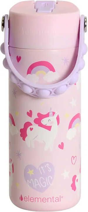 Elemental Insulated Kids Water Bottle, Stainless Steel Water Bottle with Straw Lid & Pop-It Handle, Leak-Proof Water Bottles for School, Boys or Girls, Travelling and Sports, 18oz - Unicorn Magic